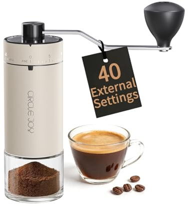 CIRCLE JOY Tragbare Manuelle Kaffeemühle mit keramischem Konischem Frässtift und 40 Externen Einstellbaren Einstellungen, Edelstahl-Hand-Kaffeemühle für Camping und Reisen, Weiß