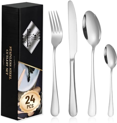 Guyisile Juego de cubiertos para 6 Personas,24 Piezas,Espesor 2.5mm | Acero Inoxidable,Acabado Pulido Brillante,Apto para Lavavajillas,Con Cuchillo para Carne,Tenedor,Cuchara Para Hogar Fiestas