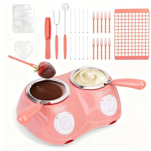 Schokoladenfondue Set Elektrisch mit 2 Schmelztöpfen - Schokoladenschmelzgerät für DIY Pralinen & Käse - Doppel-Temperatur (45°C/70°C) ohne Wasserbad - Inkl. 30+ Zubehör & Gussformen (Rosa)
