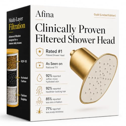 Afina Cabezal de ducha filtrado, lluvia de alta presión (dorado) | KDF-55 - Filtro de ducha y cabezal de ducha para agua dura, reduce el cloro para una piel y cabello más suaves