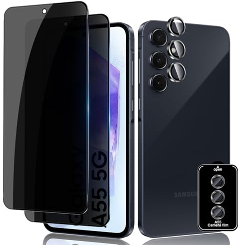 Lutree Anti-Espion Verre Trempé pour Samsung Galaxy A55 5G, 2+1 Pièces Anti-Spy Protection écran + Caméra Lentille Protecteur Film, 9H Dureté Sans Bulles Anti-Rayures Privacy Protecteurs d'écran