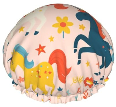 Bonnet de douche licorne et fleurs mignon, réutilisable, élastique, double imperméable