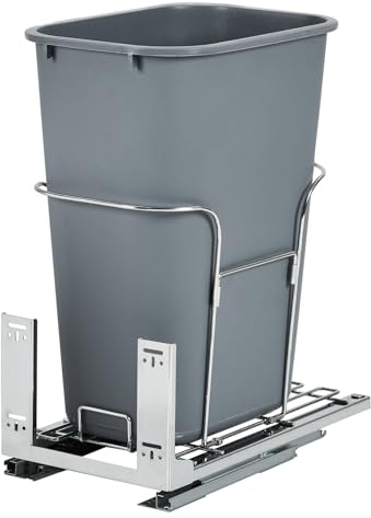 Aptliton Pull-Out Kitchen Trash Can with Chrome Steel Frame, Single Waste Bin for Cabinet Installation, Bottom Mount Sliding Organizer with Rubber Bumpers, Bin Included, 33.1L
