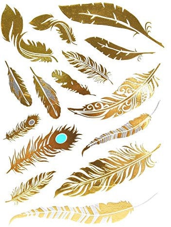 15 Tatouages éphémères métallique Waterproof -Tatoo temporaire Or - Bijou de Peau Plume Turquoise