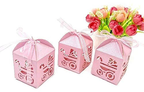 JZK 48x Rose Poussette Landau bébé évidée boîte Cadeaux de fête baptême Fille boîtes de faveur Petite boîte à Bonbons bonbonnières dragées chocolats Bijoux pour Baby Shower Fille Anniversaire Petite