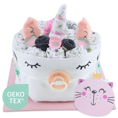 Windeltorte ® Einhorn Rosa Mädchen - Neugeborenen Geschenk Geburt [Freude Schenken] Babyparty Pullerparty Spielzeug Erstausstattung Feuchttücher Spucktücher Baby Socken Schnuller - Torte bestellen