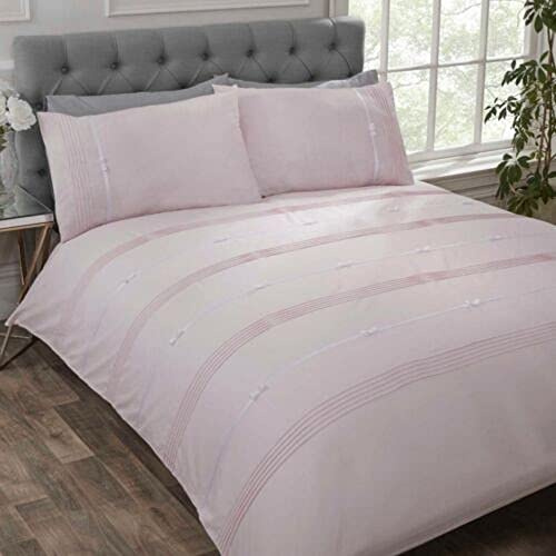 Rapport Home Contemporary Single Quilt Cover Set with Elegant Blush Pink Ribbon and Bows Embroidery