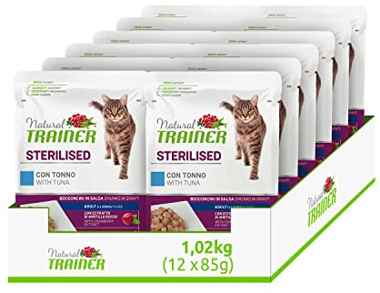 Natural Trainer Sterlisied Adult Cibo Umido per Gatti con Tonno e Fibra di Pisello 12 buste x 85 g - 1020 gr