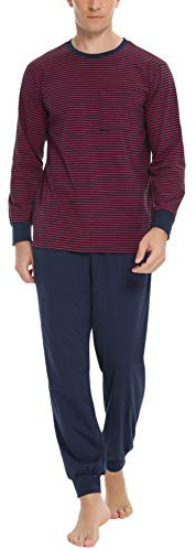 Sykooria Herren Schlafanzug lang mit Bündchen aus Baumwolle Zweiteiliger Pyjama Herren lang, Langarm Shirt & Schlafanzughose
