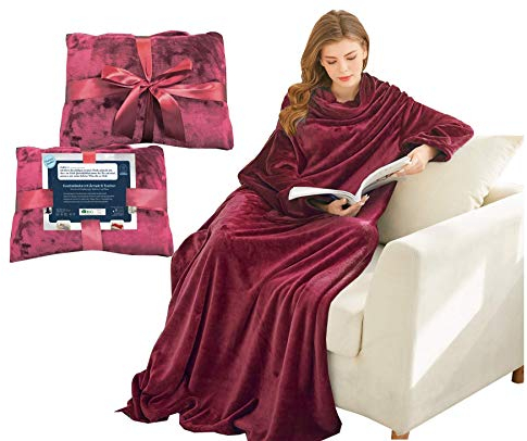 Lucadeau Kuscheldecke mit Ärmeln, Geschenke für Frauen,Geburtstagsgeschenke für Mama, Schwester, anziehbare Decke mit Ärmeln, Ärmeldecke 150x200 cm (Bordeaux)