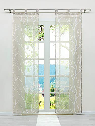 ESLIR Schiebegardinen Set 2er Flächenvorhänge Gardinen mit Schlaufen Schiebevorhang Transparent Schlaufenschal mit Zweige Muster Voile Sand BxH 57x245cm 2 Stück