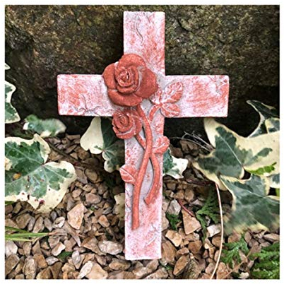 Engel Grabengel oder Kreuz Gedenkstein Grabschmuck Grabdeko Trauerherz für Grabgesteck mit 2 Starren Drähten zum Befestigen oder in die Erde Stecken (Kreuz/Rose Rost/Draht)