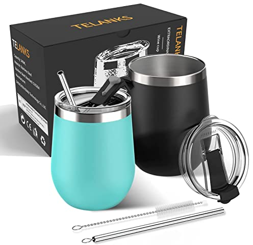 TELANKS Wein Becher to go,2 Stück Weinglas to go,Edelstahl Weinbecher Isoliert mit Deckel,Sekt Camping Geschenk für Frauen