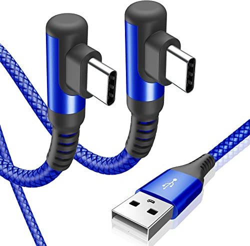 sweguard Cable USB Tipo C, 2 Pack 1m Cargador Tipo C Carga Rápida, Cable USB C Acodado Nylon Trenzado para Móvil USB C Galaxy Note S20 A70 A21 A51, Xiaomi 10 11, Redmi Note 9 8, Huawei P40 P30-Azul