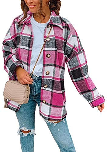 OMZIN Femme Veste à Carreaux Élégant Haut Oversize Manches Longues Manteau Chaud Chic Chemisier avec Bouton Décontracté Cardigan Casual Rose 3XL