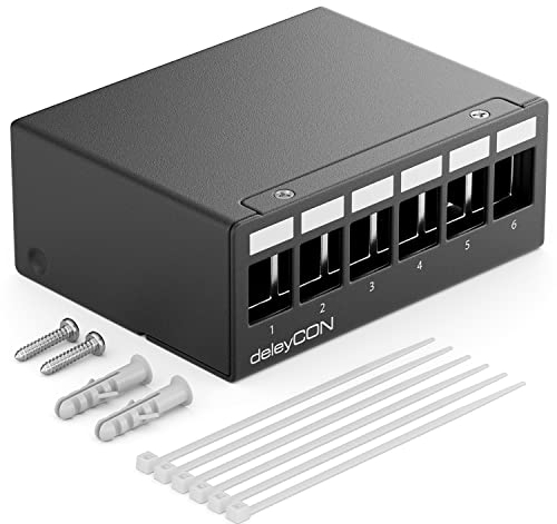 deleyCON 6 Port Patchpanel Gehäuse 1 HE für 14,9 mm x 17 mm Keystone Module mit z.B. RJ45 Koaxialstecker BNC F-Stecker Antennenstecker RJ-11 Cinch Klinke USB Toslink PS2 HDMI - Schwarz