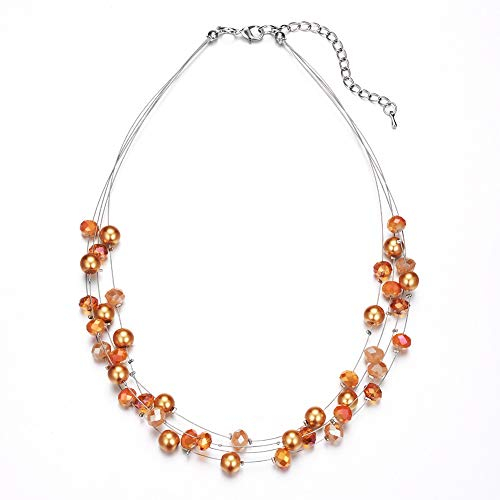 Bulinlin Damen Silber Perlenkette mit Kristall Statement Mehrreihige Boho Choker Halskette Modeschmuck Geburtstagsgeschenke für Frauen(15-Orange)