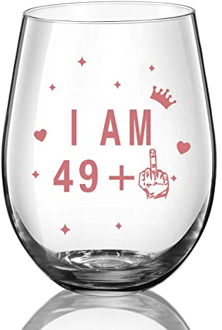 JUWNMANT Stemless Wine Glass 50st Birthday Wine Glass Gift Anniversary Glass Men and Women 50st Birthday Party Wedding Anniversary Decoration, 17oz(I AM 49+1)