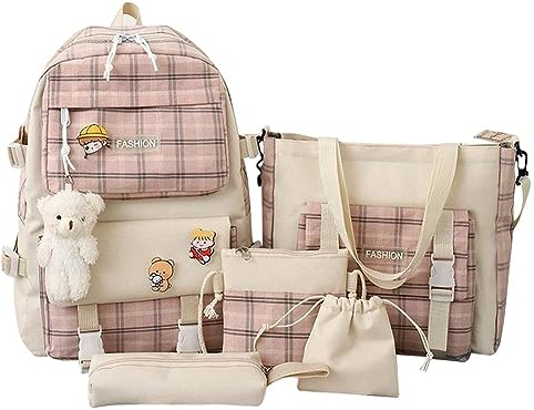 DKIIL NOIYB 5-teiliges Kawaii-Rucksack für Mädchen, niedliches Salbeigrün, kariert, leicht, Akademie, Schule, Büchertasche, Gitter-Laptop-Tasche, Schulrucksack, Schulrucksack, A02-pink, Kawaii