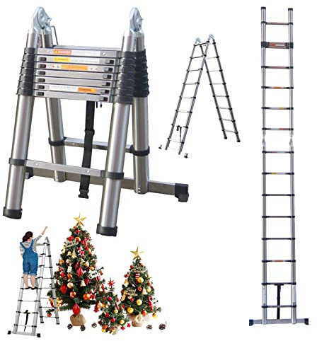 Telescopic Ladder 5M A-Frame Ladders Extendable Loft Ladder Extension Ladder, Stainless Steel Step Ladders for Home, Folding Ladder Roof Ladder for Household Daily Hobbies, 330 Lb Capacity, EN131