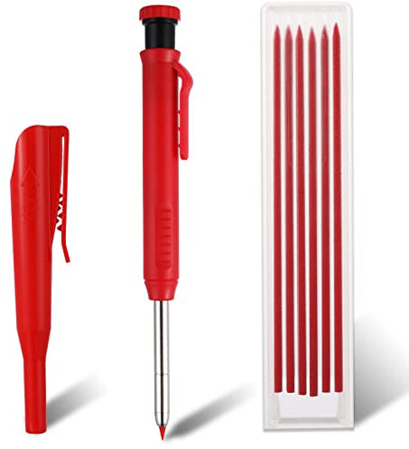 Cobee Mechanical Carpenter Pencils with 6 Refills, Solid Carpenter Pencils with Built-in Sharpener Woodworking Deep Hole Making Automatic Pencils Long Nosed for Drawing Scribing Construction(Red)