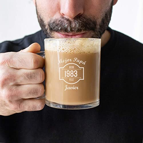 PROMO SHOP Taza cristal Personalizada con Nombre y Año · Regalo Padres ''Mejor Papá'' · Grabado Láser · Taza transparente con asa para infusiones · Apta para lavavajillas y Microondas · 350 ml