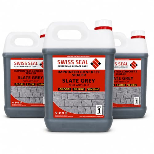 Swiss Seal | SLATE GREY Coloured Imprinted Concrete Sealer GLOSS FINISH + ANTI-SLIP | Colour Tinted Driveway And Patio Sealant - Wet Look | Colour Tint Sealant For Outdoor Concrete Floor (3 x 5 Litre)