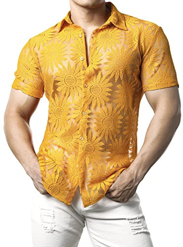JOGAL Mens Floral Lace Shirt See Through Short Sleeve Casual Button Down Shirts Yellow Sunflower X-Large