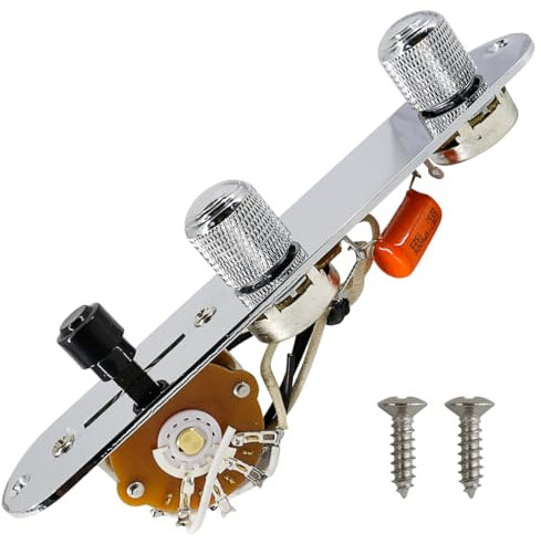 Domofa Fully Loaded Guitar Control Plate Prewired 3-Way Switch 250K Large Potentiometers Knurled Volume Tone Controls Knobs for Tele/Telecaster Electric Guitar Parts Replacement (Chrome)