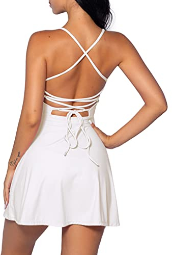 Odizli Tenniskleid Damen mit Hose Drunter Shorts Zweiteiler Frauen Sommer Camisole Tank Rückenfreies Tennis Kleid Golfkleid Workout Yoga Sport Gym Fitness Sportkleid Sommerkleid Sportkleidung Weiß S