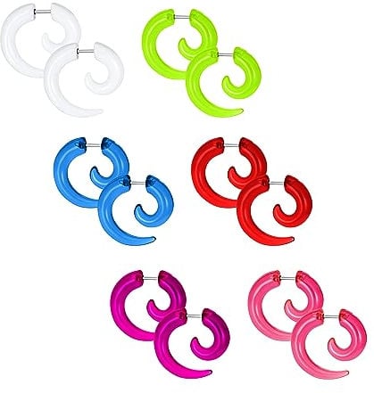 Unisex Durchsichtige Neon Orange Rot Pink Weiß Blau Grün Lila Runde Wirbel Spiral Tribal Fake Faux Ohrstecker Dehnungs Ohrringe Acrylharz Chirurgenstahl 6 Teiliges Set Frauen Männer Teenager