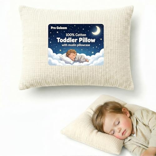 Pro Goleem Toddler Pillow with 100% Muslin Cotton Pillowcase – 13x18 Ultra Soft, Breathable & Machine Washable Kids Pillow for Sleeping, Travel, Daycare & Preschool Nap (Beige, Ages 2+)