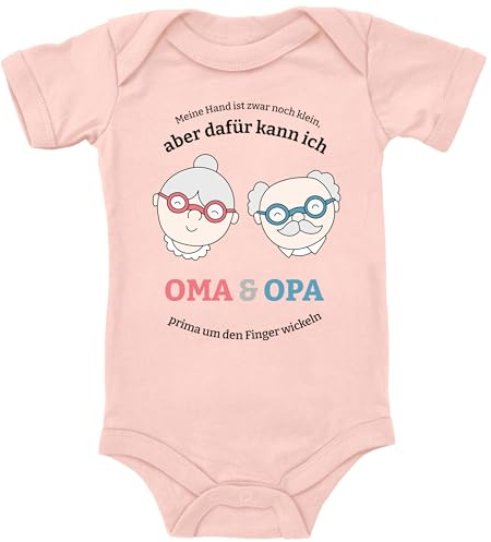 Blauer-Storch Baby Body in Apricot Ich kann Oma und Opa prima um den Finger wickeln Lustiger Spruch für Großeltern für Kleinkind Kurzarm Bio Baumwolle