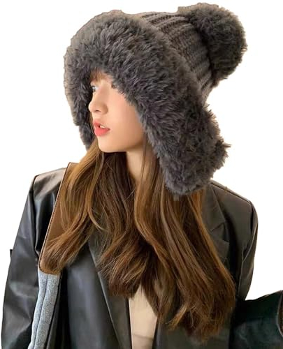 Hanaoops Wintermütze für Damen Warme Plüsch Ohrenschutz Süße Bärenohren Dicke Weichem Gestrickte Hüte Wollmütze Herbst und Winter Winddichte Mütze Grau