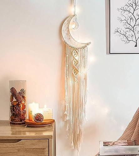 Makramee Wandbehang Mond, Disdarkday Traumfänger mit LED Licht Handgefertigt Gewebte Dreamcatcher Boho, Ramadan Deko boho deko Chic Ramadan Decor Geschenke Apartment Schlafsaal wand deko