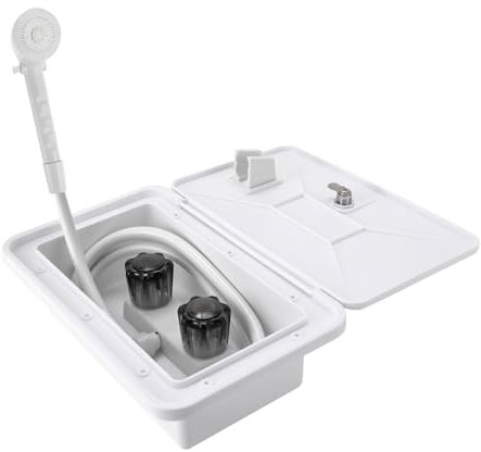ROMYIX Rv Outdoor-Duschkasten-Set mit Warm-/Kaltschalter, Duschkopf, Schlauch, Outdoor-Duschbox-Set für Boot, Wohnmobil, Wohnwagen, Wohnmobil, Weiß