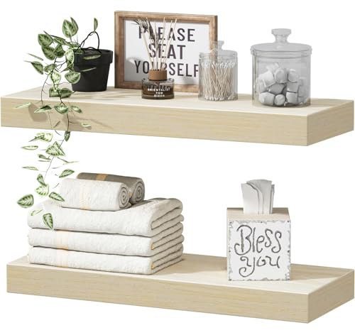 QEEIG Lot de 2 étagères flottantes pour salle de bain – Étagère murale de 40 cm au-dessus des toilettes, décoration d'intérieur, bibliothèque, petite étagère 40 x 17 cm, marron clair naturel (008-40N)