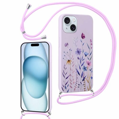Xylota Coque Cordon pour iPhone 13 Mini 5,4,Aesthetic Motif Fleur Étui Collier Réglable Tour de Cou Lanière Corde Case, Mince Silicone TPU Bumper Antichoc Housse Cover pour iPhone 13 Mini,Violet