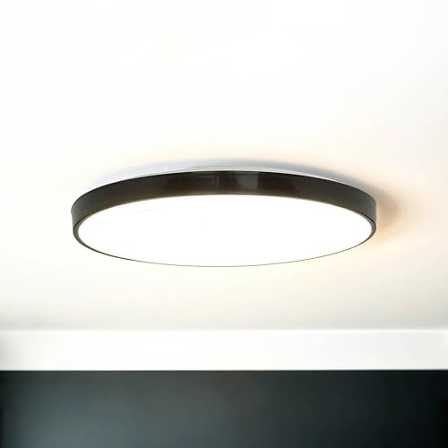 Licht-Erlebnisse LED Deckenlampe Kunststoff Schwarz Weiß IP44 Bad Ø27 cm 4000 K 1300 lm neutralweiß blendarm rund flach Deckenleuchte Badezimmer JONAS