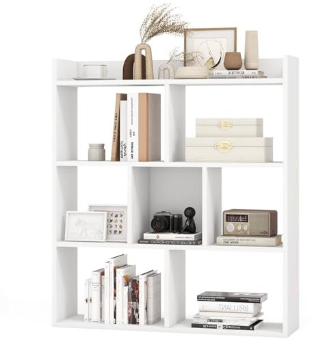 SFAREST 7-Cube Open Bookshelf, Wooden Bookcase Storage Unit with 2 Anti-Toppling Kits, Freestanding Book Shelf Display Shelving Unit for Living Room Study Bedroom Office (White)