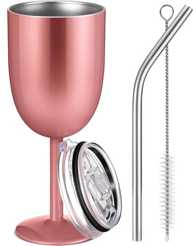 Ninehaoou 1 Pc Insulated Wine Tumbler with Lid Straw Brush 10oz Stainless Steel Wine Glasses Cups Double Walled Vacuum Insulated Wine Tumbler for Christmas Women Men Holiday Birthday Gifts (Rose Gold)