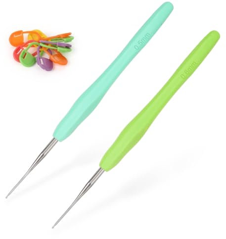 Coopay Häkelnadel 0,5 mm und 0,6 mm, 2 Stück Kleine Häkelnadel für Spitzen und Feines Häkeln, Spitze Häkelnadeln mit Weichem Griff, Feine Häkelnadeln Ergonomisch TPR Griff Häkelnadeln 0,5 0,6 mm