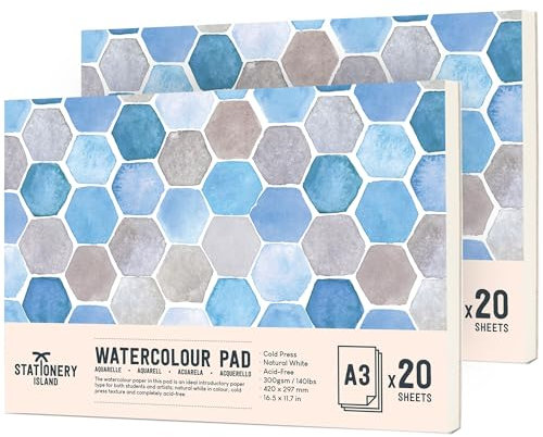 STATIONERY ISLAND Watercolour Paper A3 Pad 300gsm, Pack of 2 - Natural White 20 Sheets Glue Bound, Cold-Pressed Texture, Watercolour Sketchbook for Painting, Drawing and Mixed Media