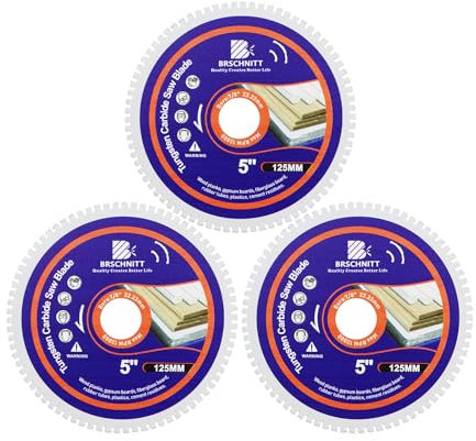 BRSCHNITT Holztrennscheibe 125mm - 3 stuk Hartmetall Sägeblatt Vakuumgelötete Klingen mit Bohrung 22.23mm für Holzplatten Gipskartonplatten Gummirohre Kunststoff