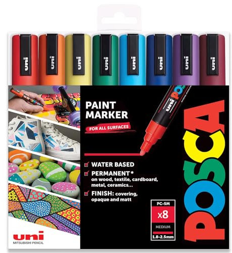 Posca PC-5M Farbmarker, Kunststifte, 1,8–2,5 mm Spitze, klassisch (A), Set mit 8 Farben in Kunststoffhülle