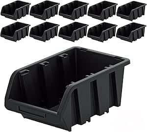 PECZEKO Werkstatt-Stapelkiste, Stapelbox aus PP Kunststoff, Sichtbox Stapelbox, Lagerboxen für Werkzeugswand, Sichtlagerkasten, Sortierbox - Schwarz 10 Stück, 115x80 mm