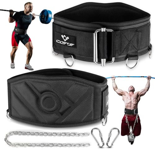 COFOF 2 IN 1 Dip Gürtel, Selbstverriegelnde Sicherheitsschnalle Gewichtsgürtel mit 103cm Lange Kette und 2 Karabiner, Klimmzug Gürtel für Bodybuilding, Krafttraining, Gewichtheben (Schwarz, L)