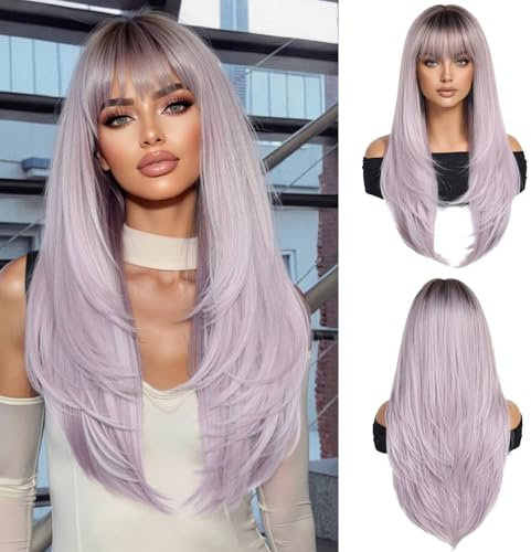OUFEI Perruques Violettes avec Franges pour Femmes Perruques Longues Et Droites Aux Cheveux Synthétiques avec Racines Foncées pour Un Usage Quotidien Et Festif