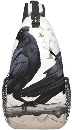 WZYWHJ Herren-Umhängetasche mit Cartoon-Raben-Muster, lässig, mit hoher Speicherkapazität und verstellbarem Schultergurt, Schwarz, Schwarz, Einheitsgröße