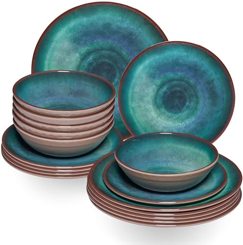 Jesolo Vaisselle en mélamine verte pour 6 personnes – 18 pièces – Aspect grès Passe au lave-vaisselle – Vaisselle de camping Camping Camping Festival pique-nique Jardin Party